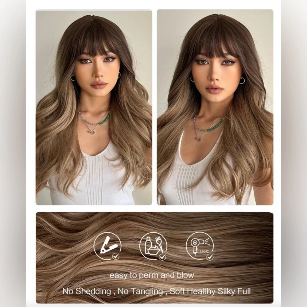 24 Inch. balayage Brown. & Medium ash Blonde Wavy wig with bangs | Natural look
